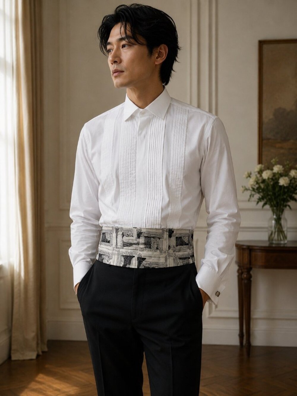 Gianfranco Ferré Silk Cummerbund Black Ivory Architectural Print Adjustable Form